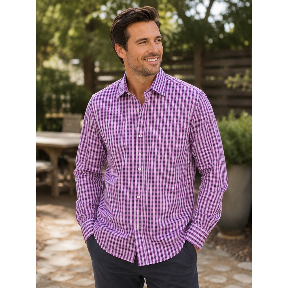 BUGATCHI Men's Shaped Fit Pink White Check Long Sleeve Shirt Size XL -600